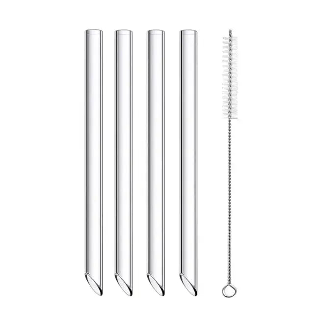 Set of four decorbites clear glass smoothie straws with rounded ends and a metal cleaning brush for kitchen use