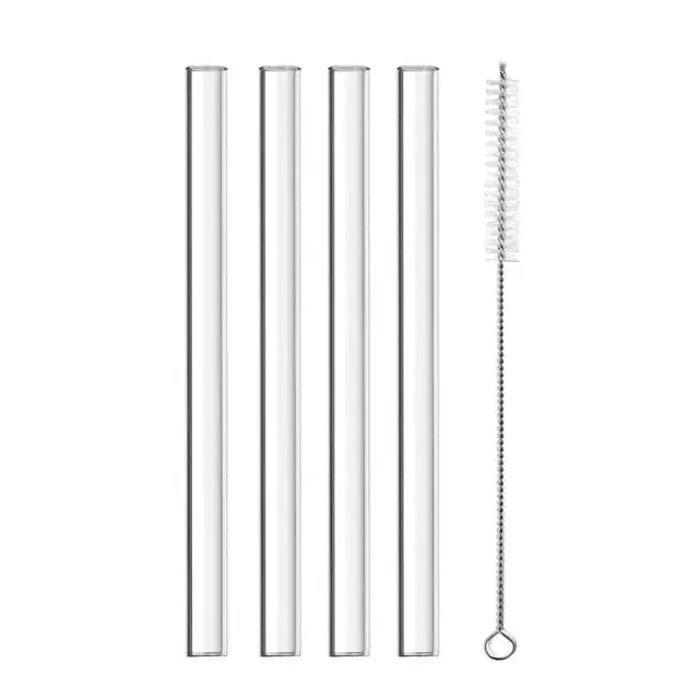 Set of four clear glass smoothie straws with silver metal cleaning brush from decorbites clear glass collection