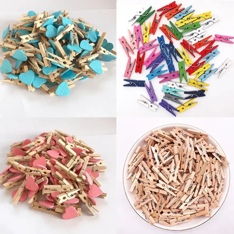 Assorted colorful heart mini wooden clips in natural wood tones with blue pink red yellow green and purple accents for decor