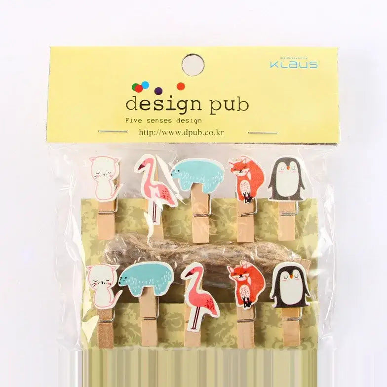 Assorted colorful heart mini wooden clips featuring pink flamingos and black-and-white penguins for bedroom decor