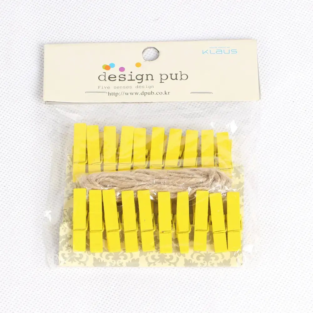 Bright yellow mini wooden clips packaged with twine spool for assorted colorful heart mini wooden clips photo decor