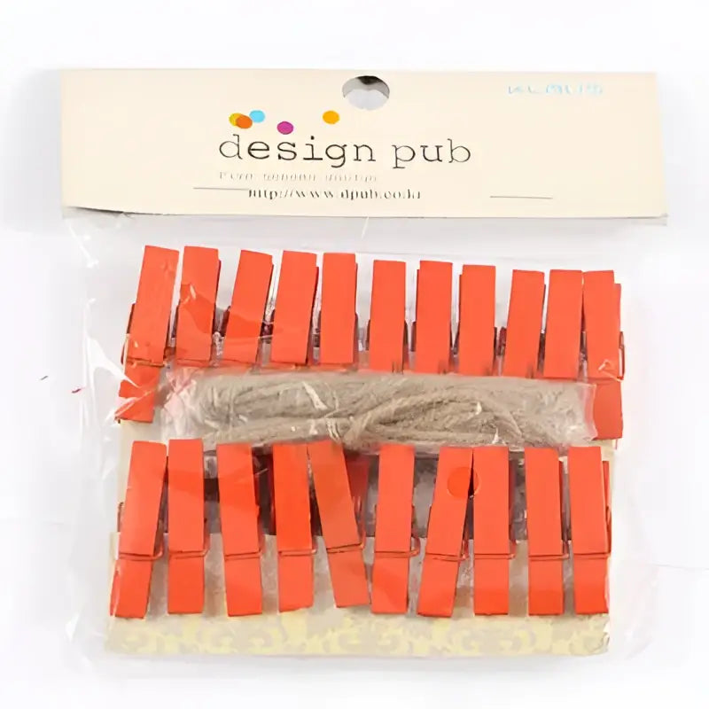 Bright orange mini wooden clips in a clear bag labeled design pub for bedroom photo decor and crafts