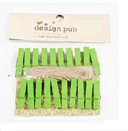 Bright green mini wooden clips in clear bag labeled design pub for bedroom photo decor and assorted colorful use