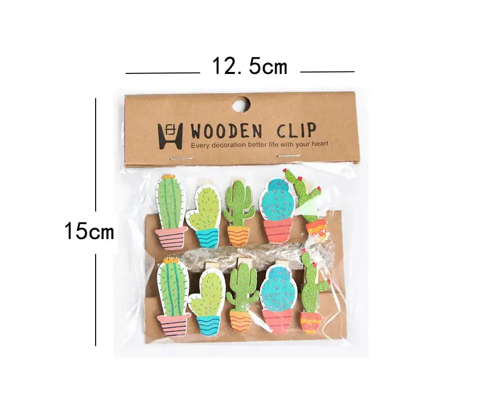 Assorted colorful heart mini wooden clips with cactus-themed designs in green blue and pink for bedroom photo decor