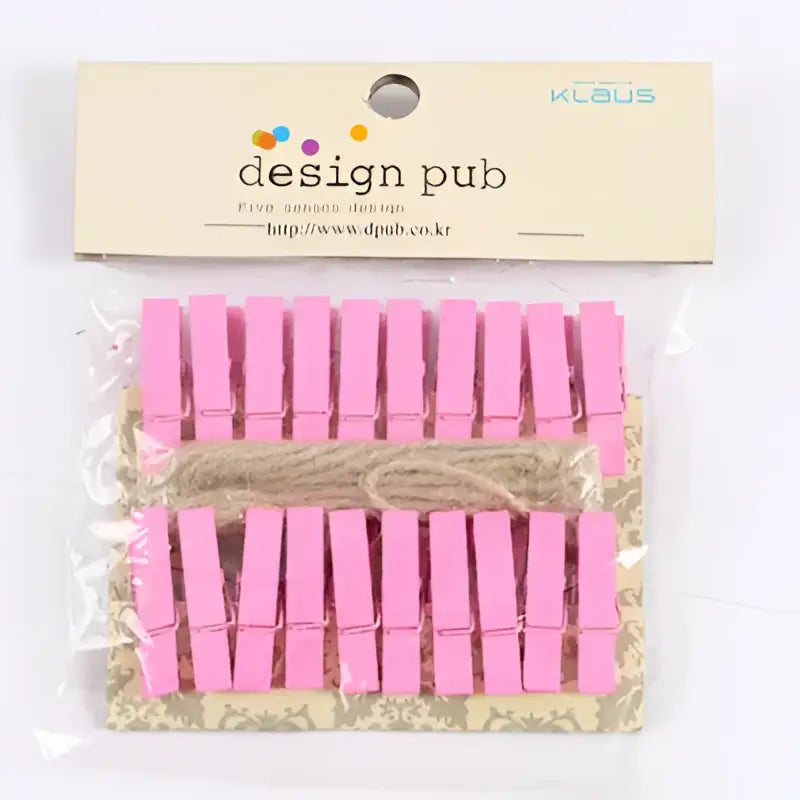 Pink wooden mini clips packaged with twine for bedroom photo decor assorted colorful heart mini wooden clips