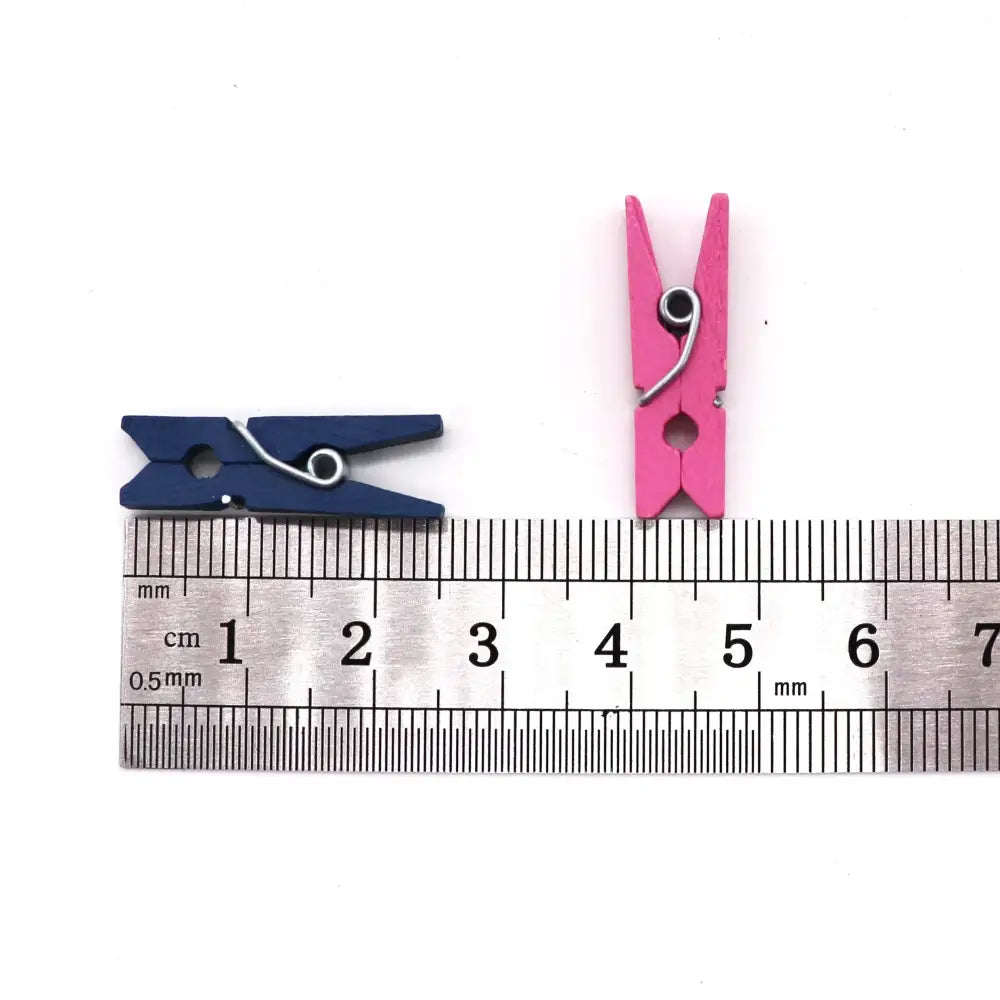 Assorted colorful pink and navy blue mini wooden clips with metal springs for bedroom photo decor