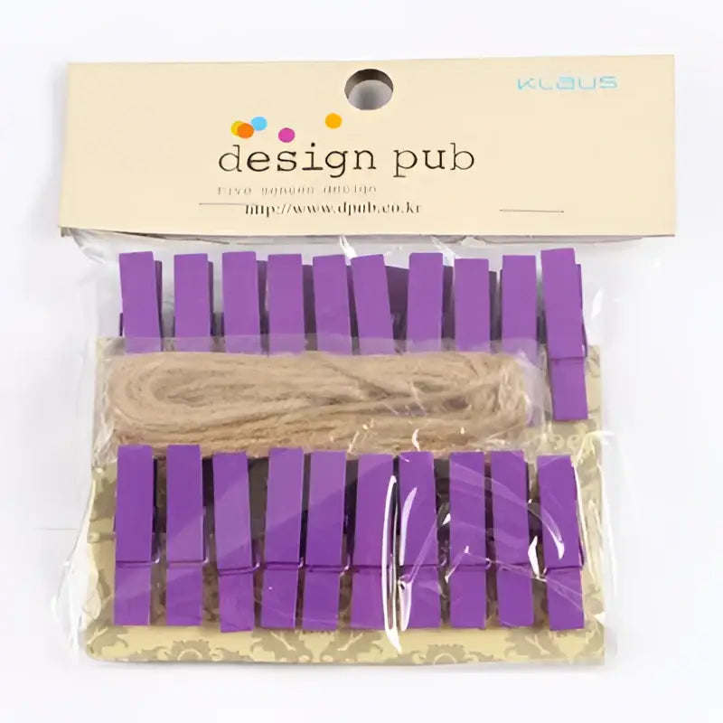 Purple mini wooden clips packaged with twine for bedroom photo decor and assorted colorful heart wooden clips