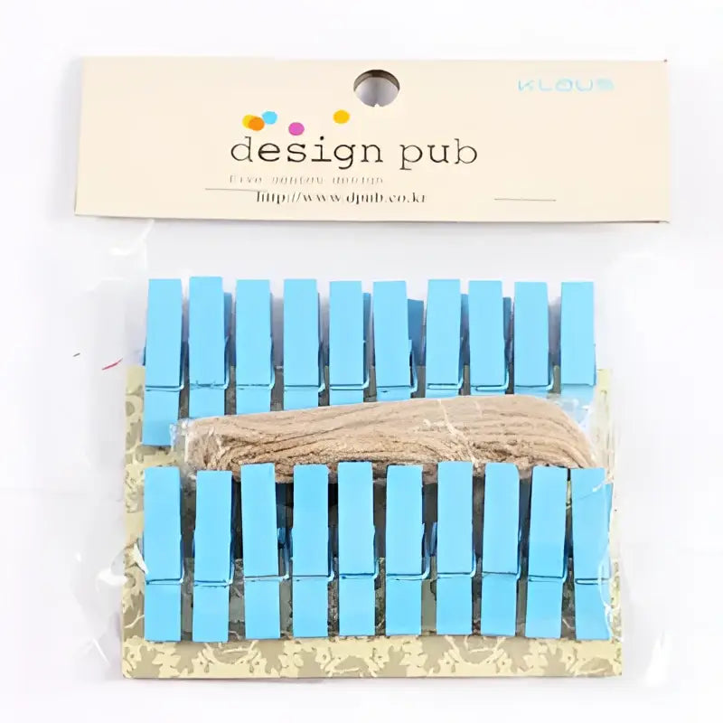 A set of light blue mini wooden clips with natural twine for bedroom photo decor and assorted colorful heart clips