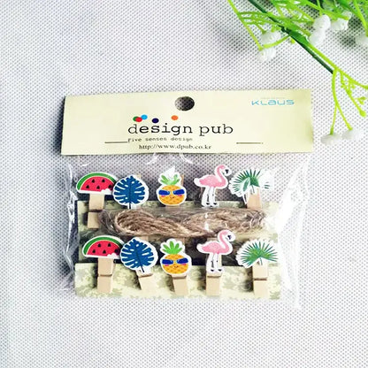 Set of assorted colorful mini wooden clips with tropical designs for bedroom photo decor and crafting use