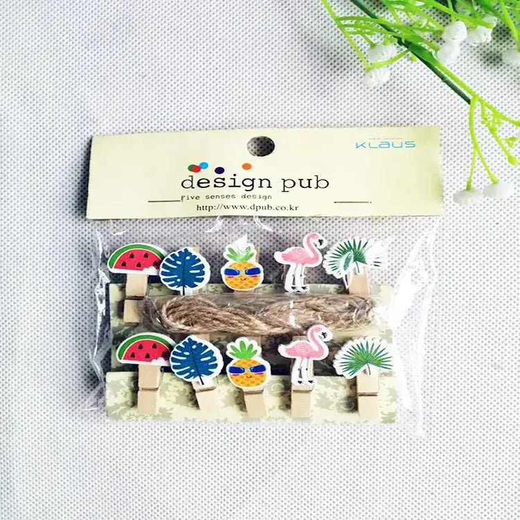 Set of assorted colorful mini wooden clips with tropical designs for bedroom photo decor and crafting use