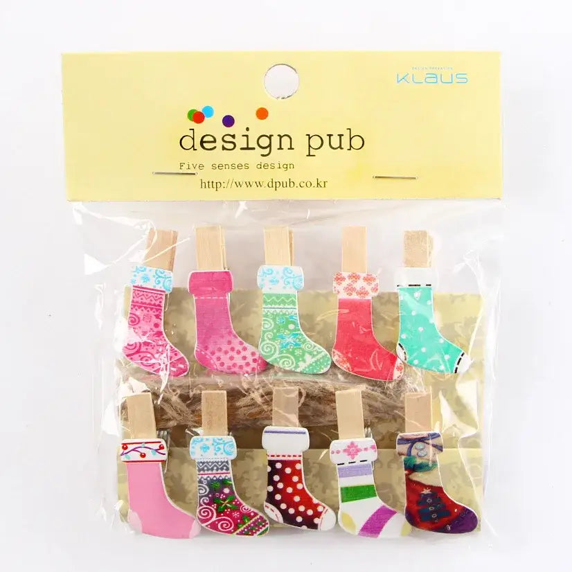 Assorted colorful festive christmas stocking-shaped mini wooden clips for bedroom photo decor and organization