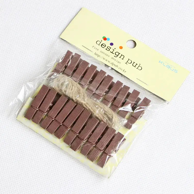 Set of brown wooden clips with natural twine string included for assorted colorful heart mini wooden clips photo decor