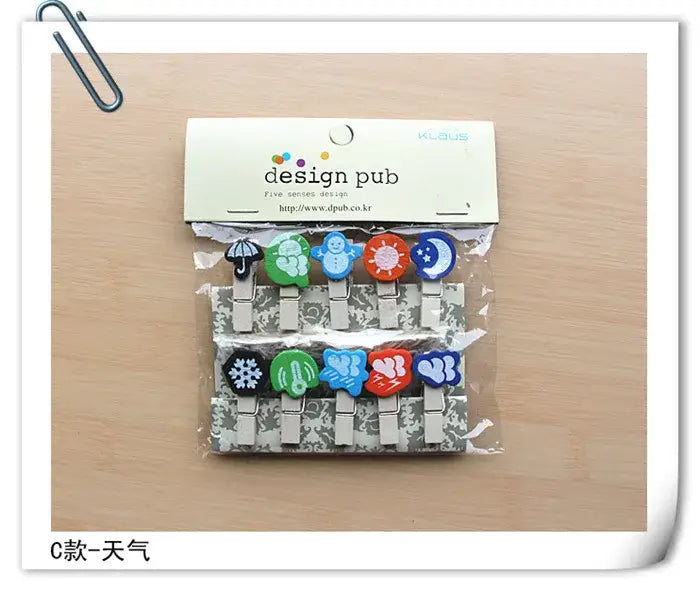 Set of ten colorful weather-themed mini wooden clips in plastic packaging for bedroom photo decor and organization