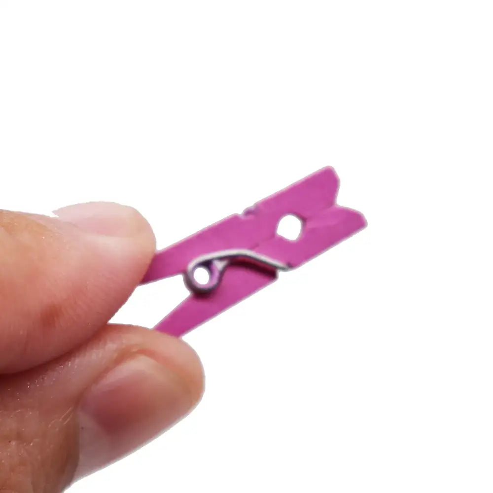 A small vibrant pink plastic clothespin with metallic spring among assorted colorful mini wooden clips for photo decor
