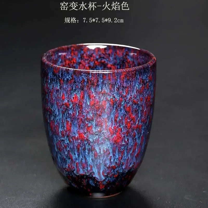 A ceramic kung fu tea cup with vibrant deep blue and fiery red crackle glaze from decorbites tea cups set