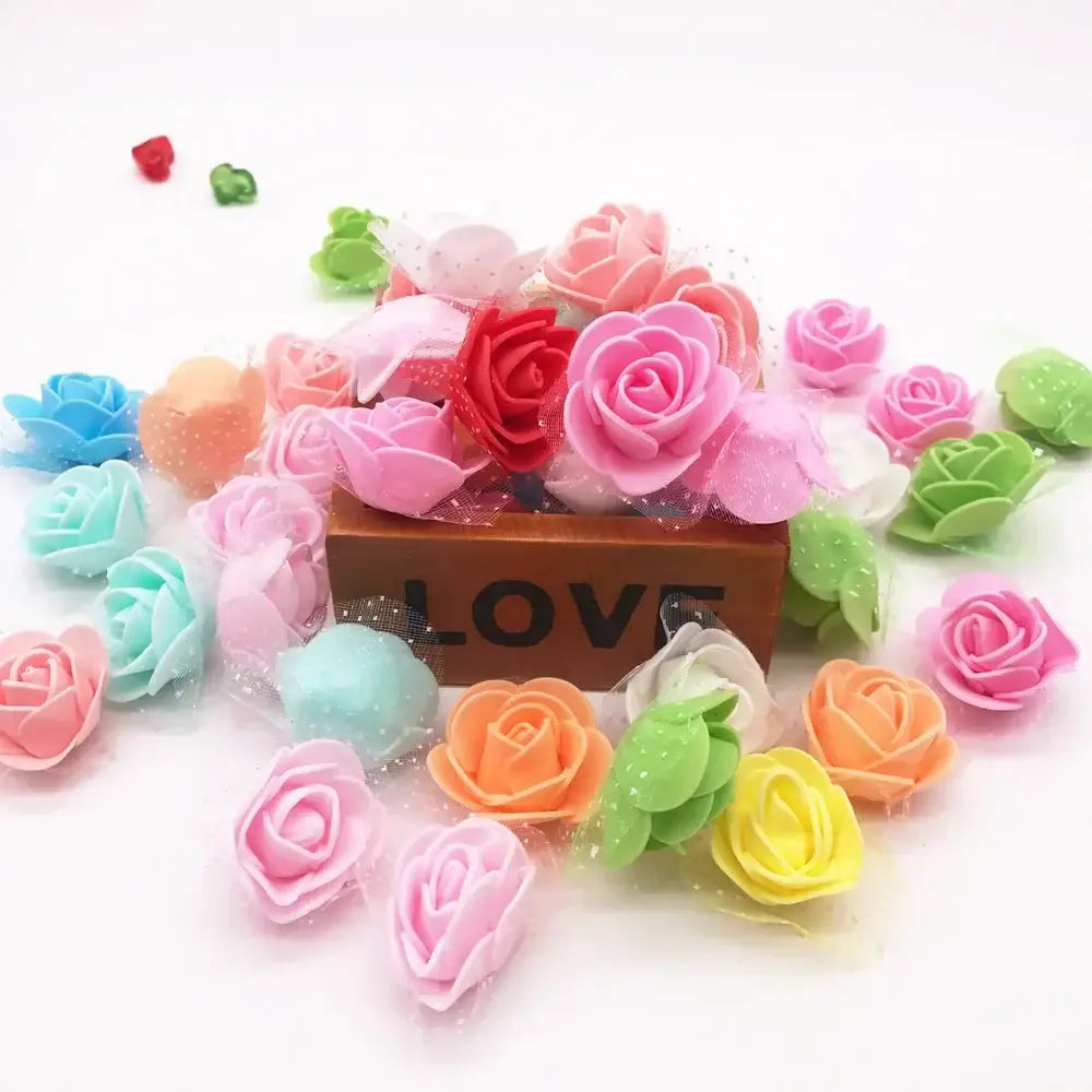 A collection of decorbites handmade foam rose flower heads in assorted pastel and vibrant colors for wedding decor