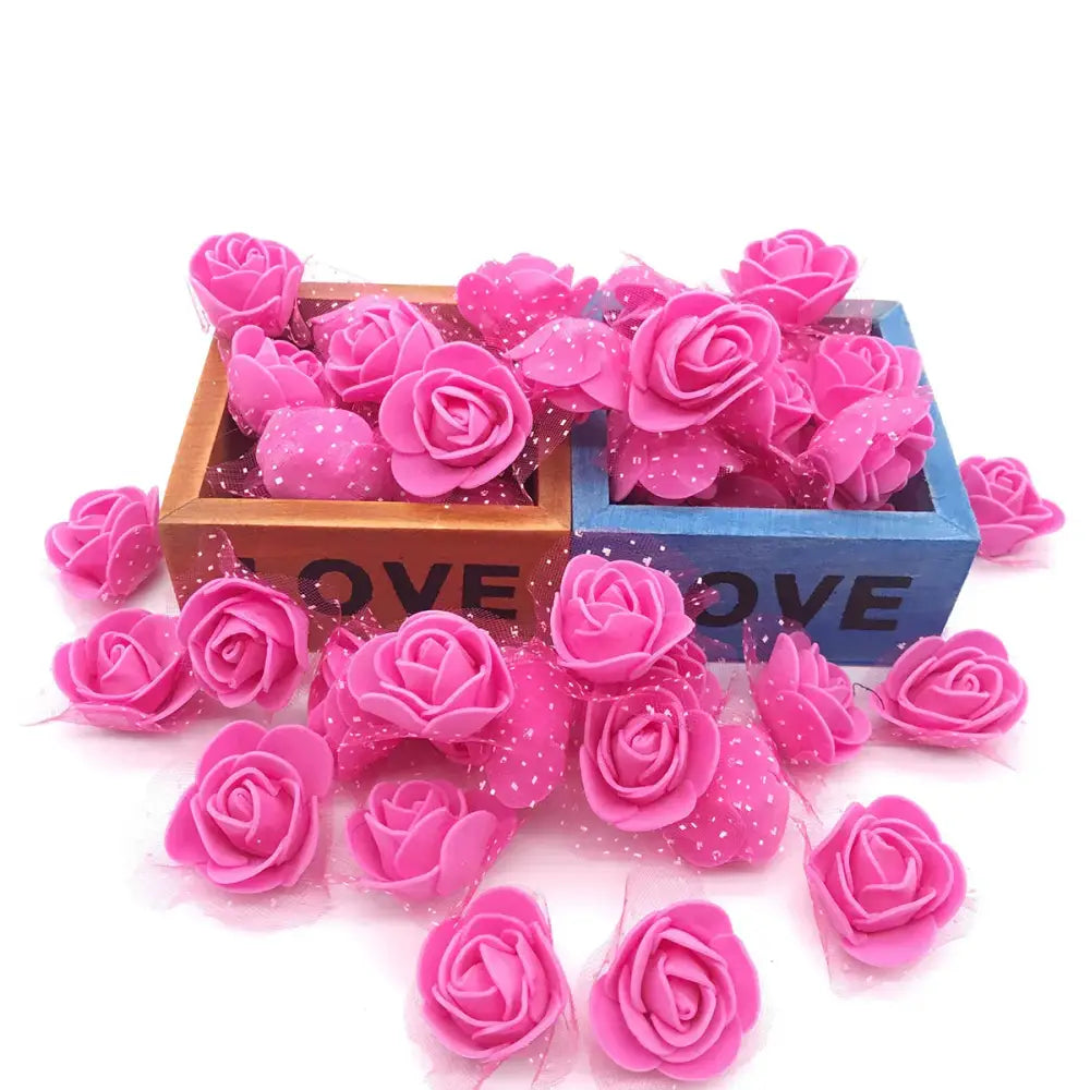 Pink foam rose flower heads with glittery accents in wooden love boxes decorbites handmade foam wedding decor