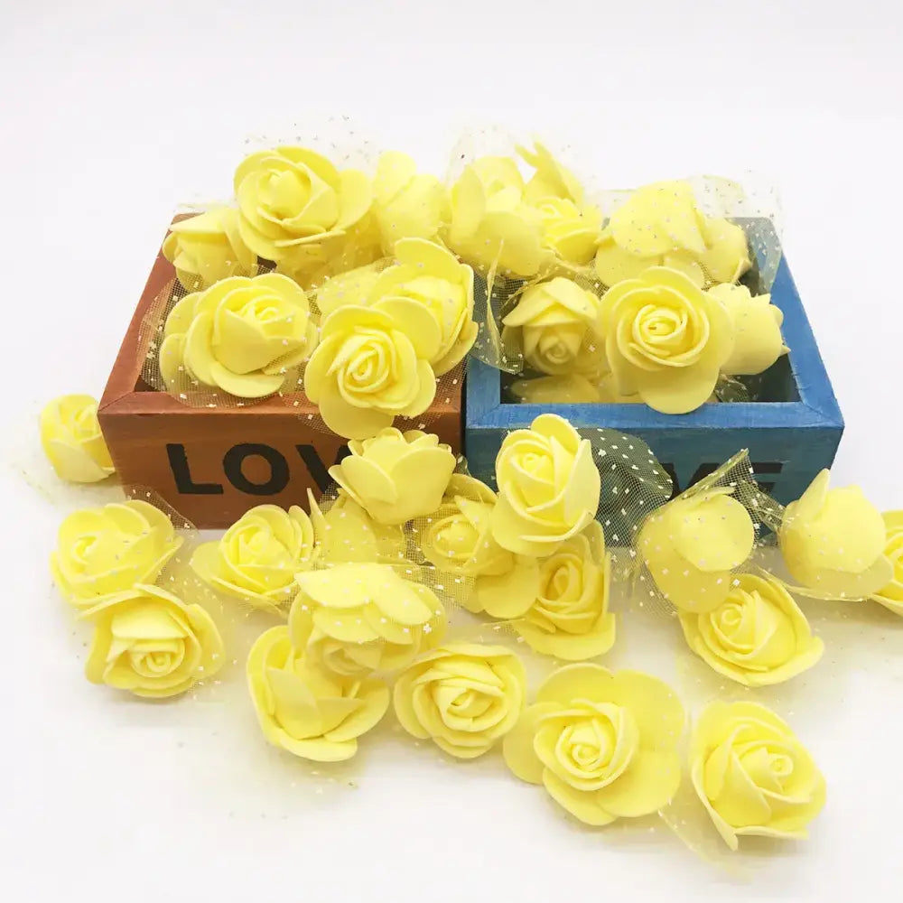 Yellow foam handmade foam rose flower heads in decorative box for wedding decor by decorbites handmade foam