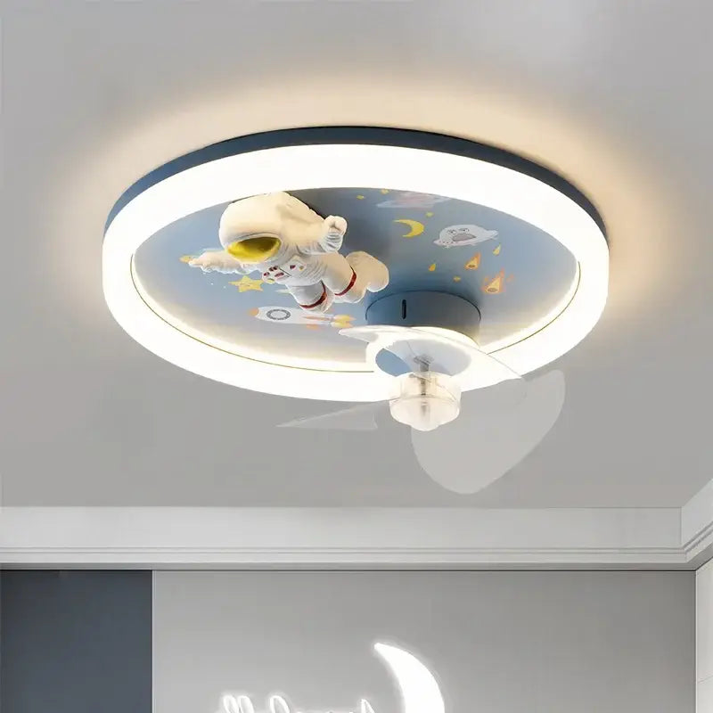Rounded ceiling fan light with white astronaut figurine and blue space-themed design for bedroom fixture