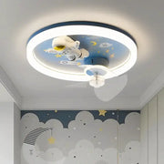 Astronaut blue and yellow ceiling fan light featuring a circular LED ceiling fan with astronaut figurine design
