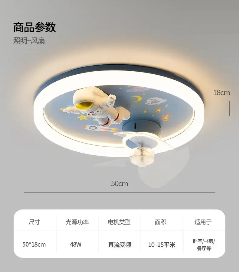 Circular ceiling fan light with integrated fan featuring a blue and yellow astronaut design for bedroom use