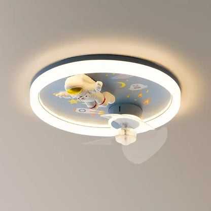Astronaut blue and yellow round ceiling fan light with cartoon astronaut on a blue space-themed bedroom fixture
