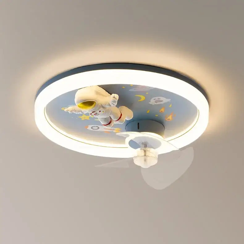Astronaut blue and yellow round ceiling fan light with cartoon astronaut on a blue space-themed bedroom fixture