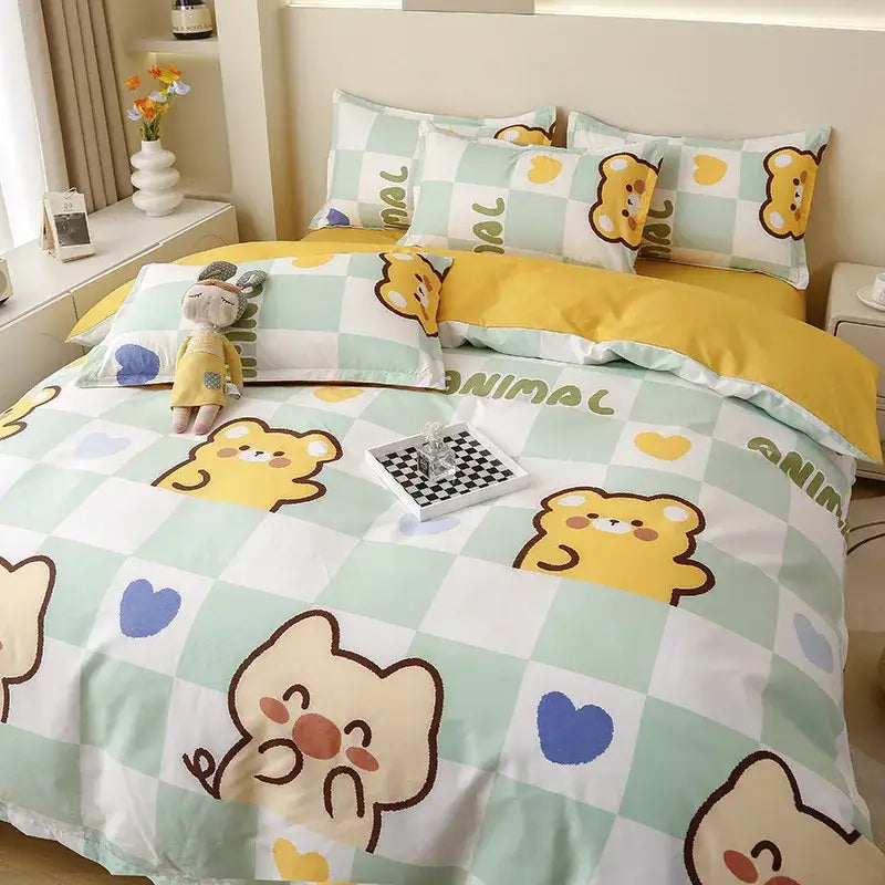 Cute yellow and mint green bedding set featuring decorbites cartoon lattice floral bears for green and white bedroom decor