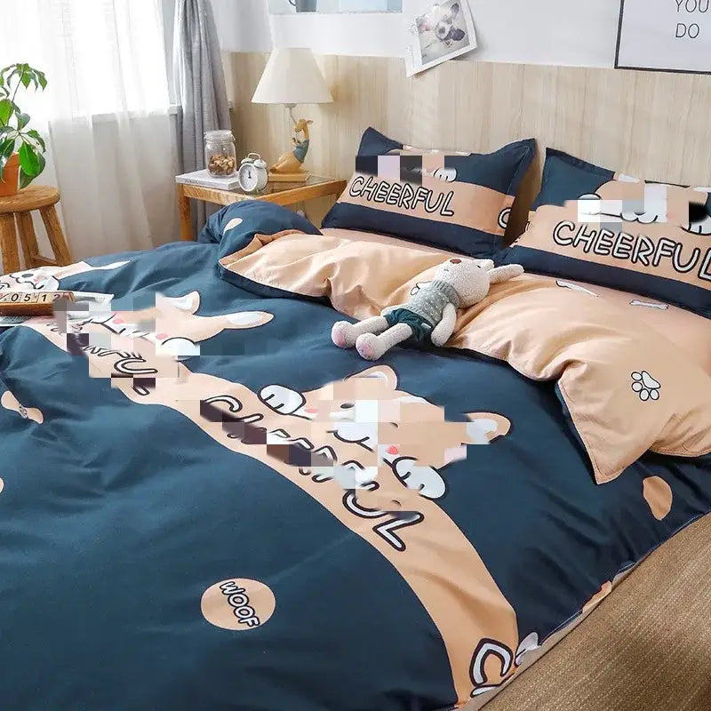 Cute navy and beige cartoon lattice floral bedding set with cheerful text and paw prints for green and white bedroom decorbites cartoon lattice