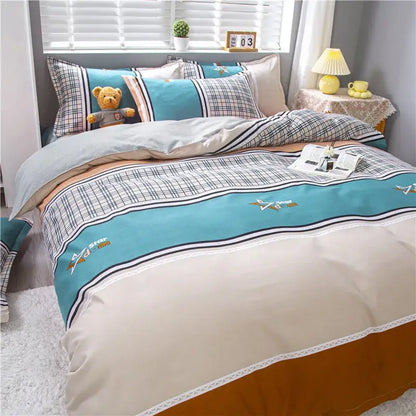 Teal and beige plaid bedding set with star embroidery in a decorbites cartoon lattice floral green and white bedroom