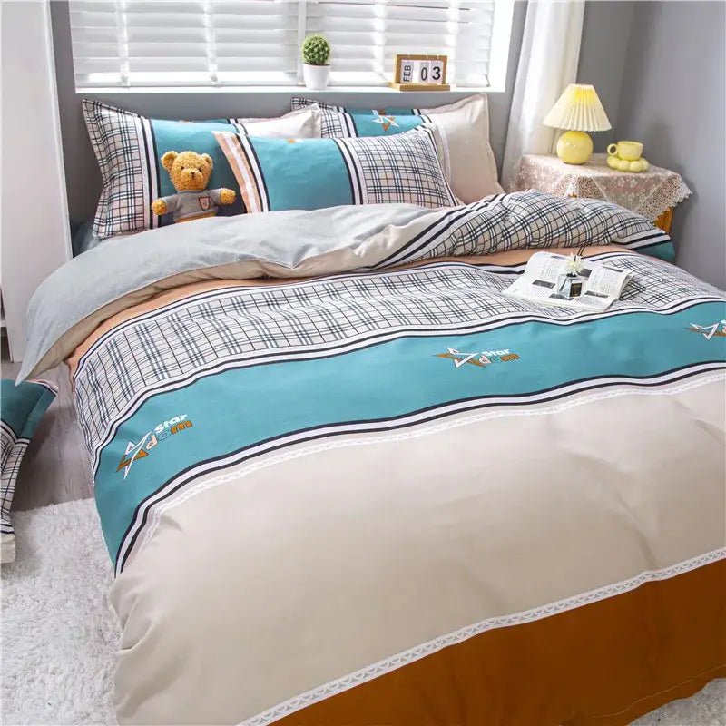 Teal and beige plaid bedding set with star embroidery in a decorbites cartoon lattice floral green and white bedroom
