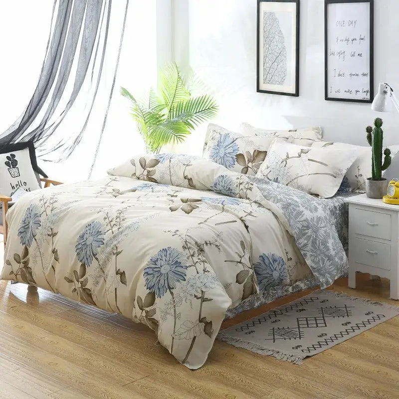 Beige floral bedding set with blue and gray cartoon lattice floral prints on soft cotton fabric by decorbites
