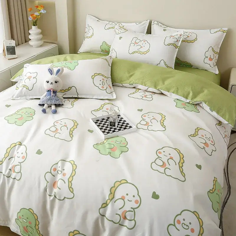 Cute green and white dinosaur-themed bedding set with soft plush fabric from decorbites cartoon lattice floral collection