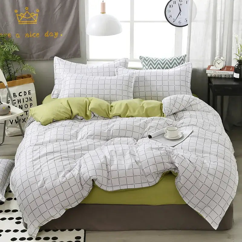 White and green cartoon lattice floral bedding set with matching pillowcases from decorbites for bedroom decor