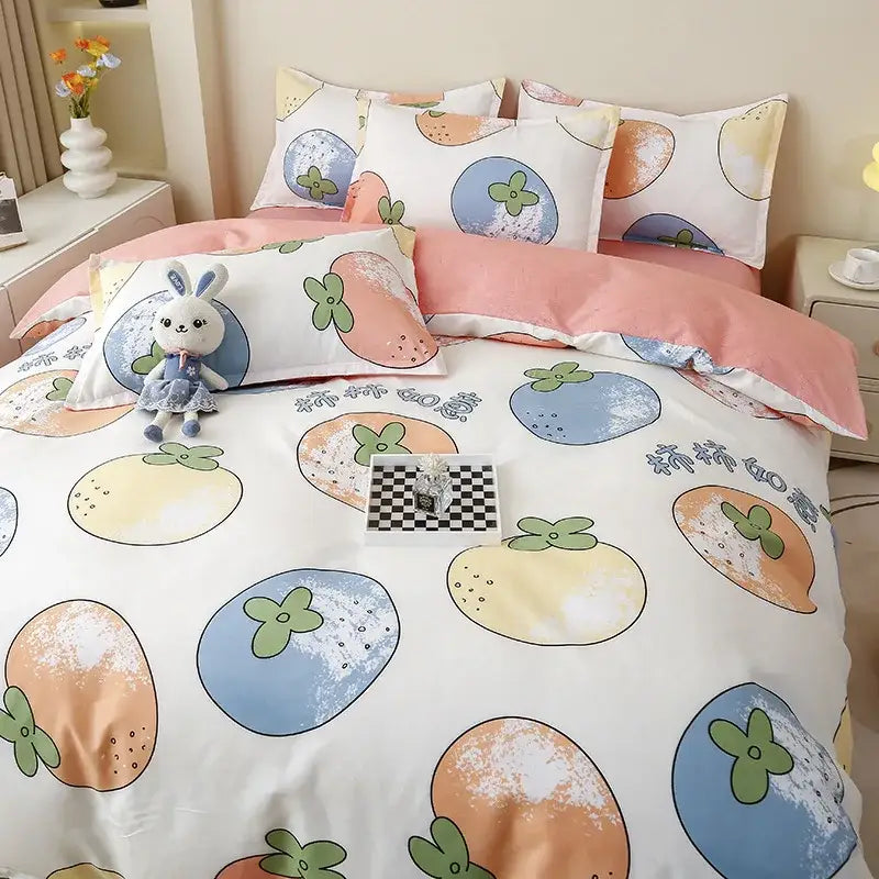 Cute white bedding set with pastel persimmons and green leaves featuring soft pink accents in decorbites cartoon lattice floral design
