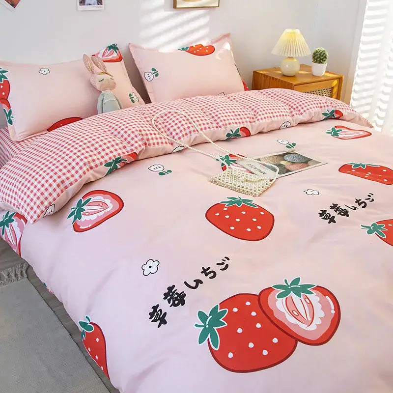 Pink strawberry-themed bedding set featuring decorbites cartoon lattice floral prints on soft patterned fabric