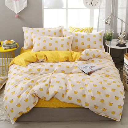 Yellow and white crown-patterned bedding set from decorbites cartoon lattice floral collection in green and white bedroom