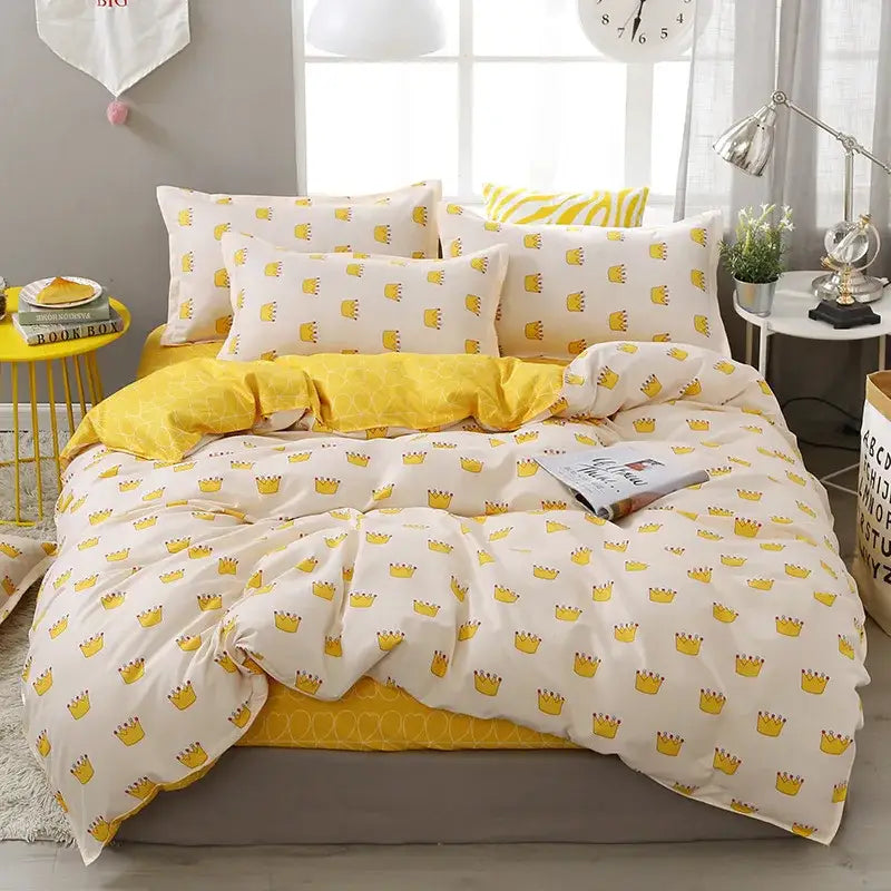 Yellow and white crown-patterned bedding set from decorbites cartoon lattice floral collection in green and white bedroom