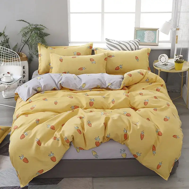 Yellow carrot-patterned bedding set with soft texture and playful design in a decorbites cartoon lattice floral bedroom