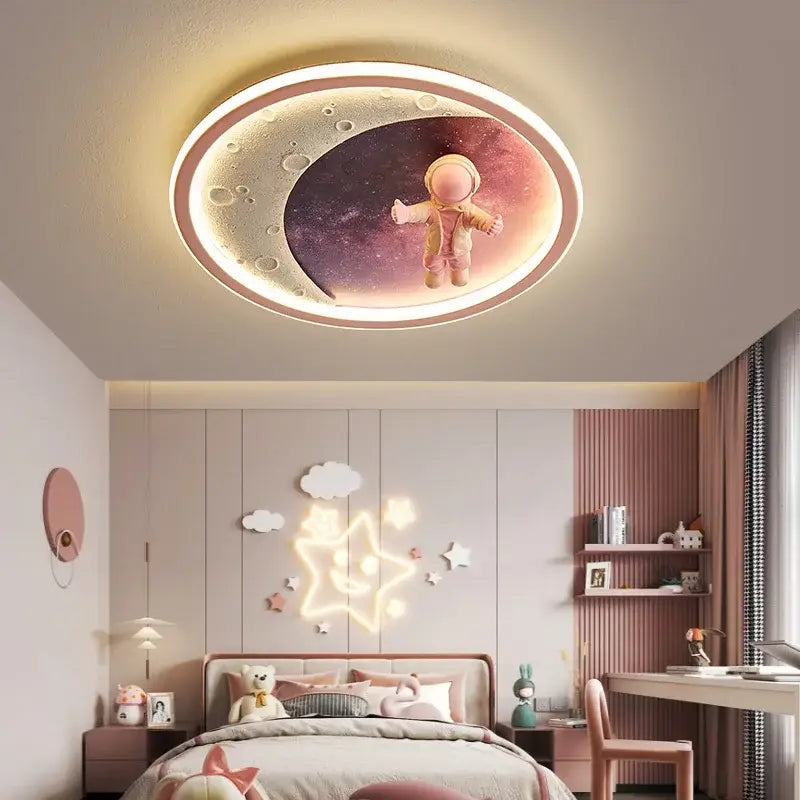 Astronaut crescent moon led ceiling light in soft pink and gold tones with starry purple backdrop for decorbites boys room ceiling lamp