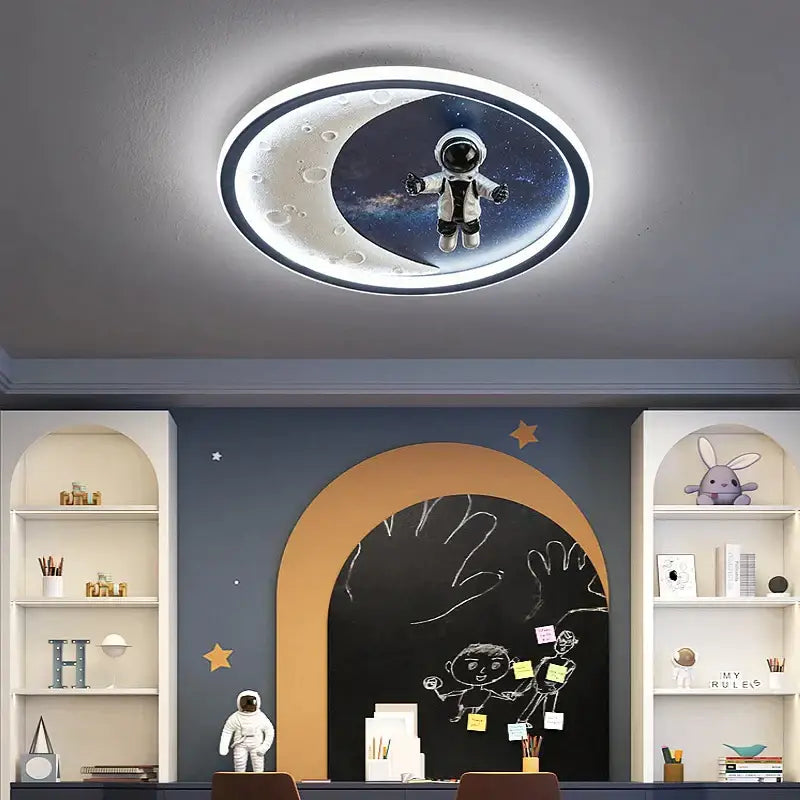 Astronaut crescent moon led ceiling light with white astronaut and starry blue background for decorbites boys room ceiling lamp