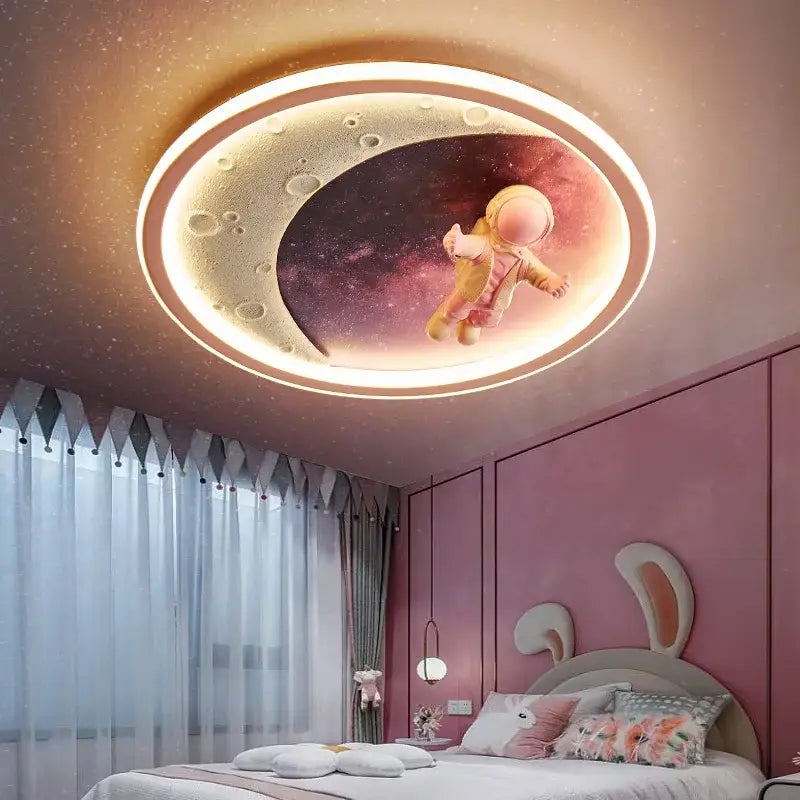Astronaut crescent moon led ceiling light with warm perimeter lighting and starry space decorbites boys room ceiling lamp