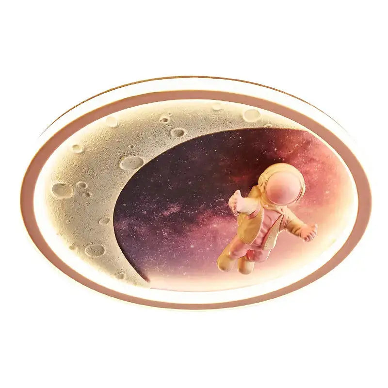 Oval-shaped ceiling light featuring a golden astronaut and moon starry space design for decorbites boys room ceiling lamp
