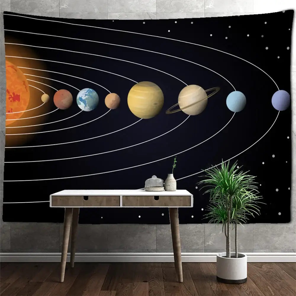 Black space-themed astronaut moon tapestry wall hanging featuring detailed solar system decorbites astronaut moon decor
