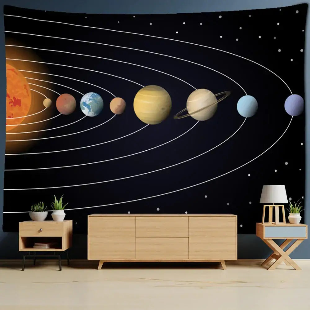 Black fabric astronaut moon tapestry wall hanging featuring colorful solar system decor for living room decorbites astronaut moon