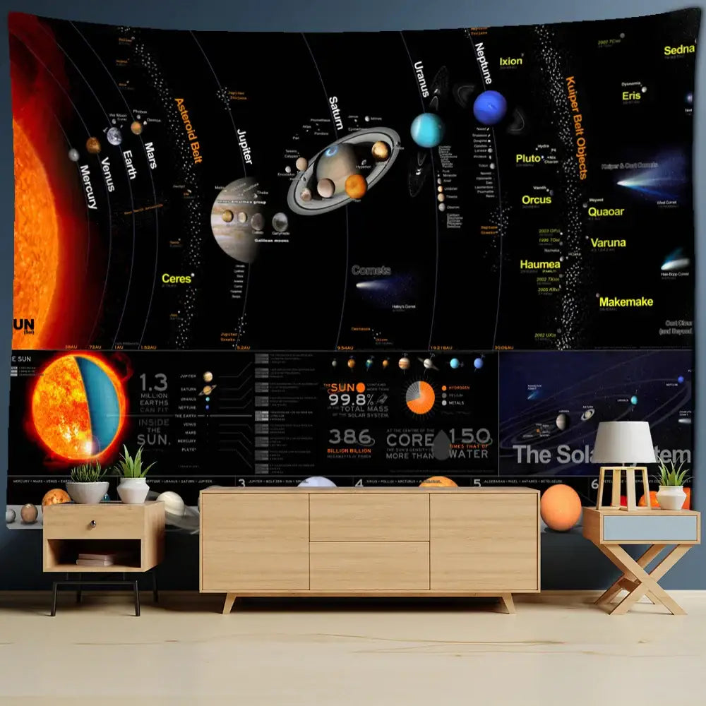 A detailed black decorbites astronaut moon tapestry featuring colorful planets and stars for living room decor