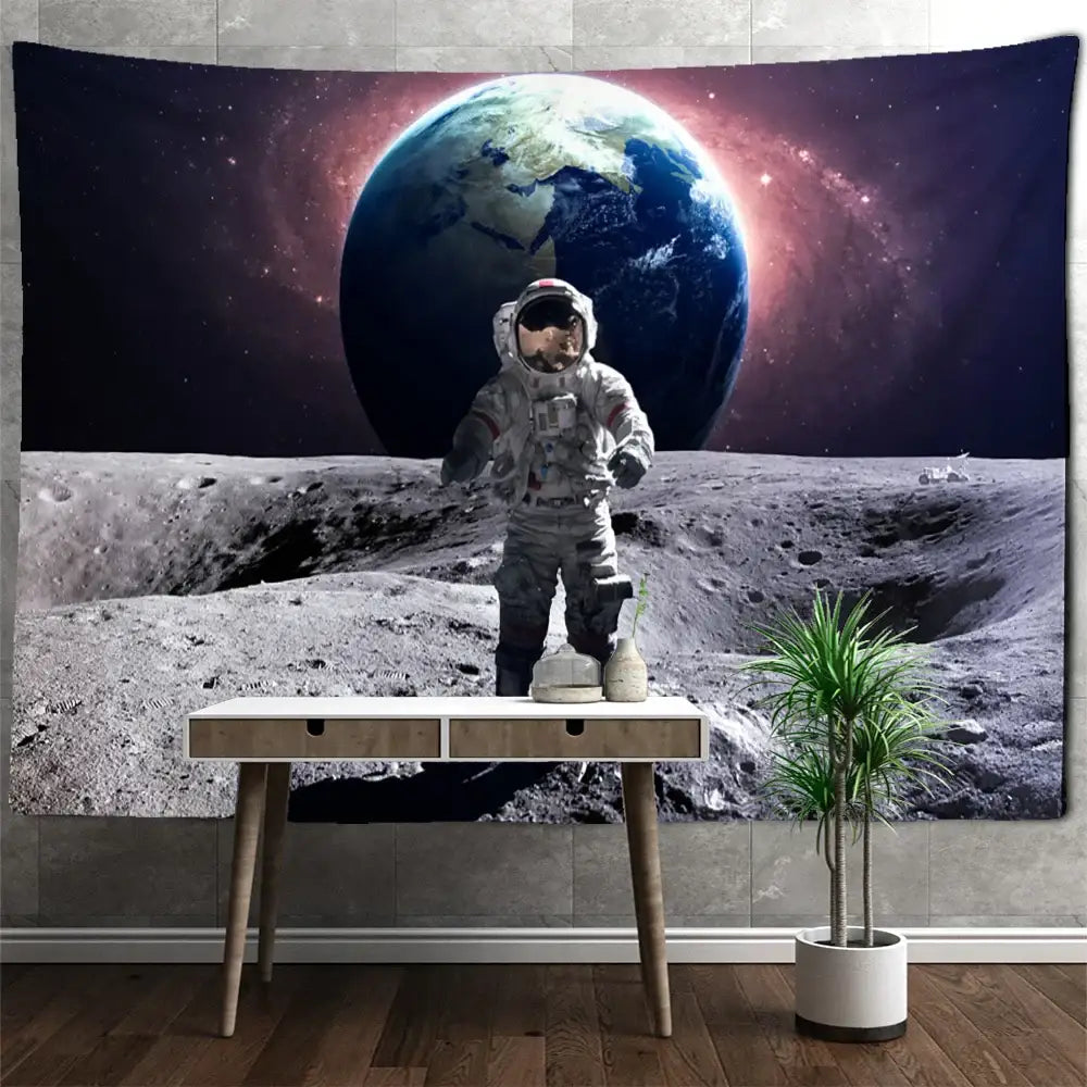 Astronaut moon tapestry wall hanging featuring an astronaut on the moon with earth detailed in the background for living room decorbites astronaut moon decor
