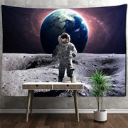 Astronaut moon tapestry wall hanging featuring an astronaut on the moon with earth detailed in the background for living room decorbites astronaut moon decor