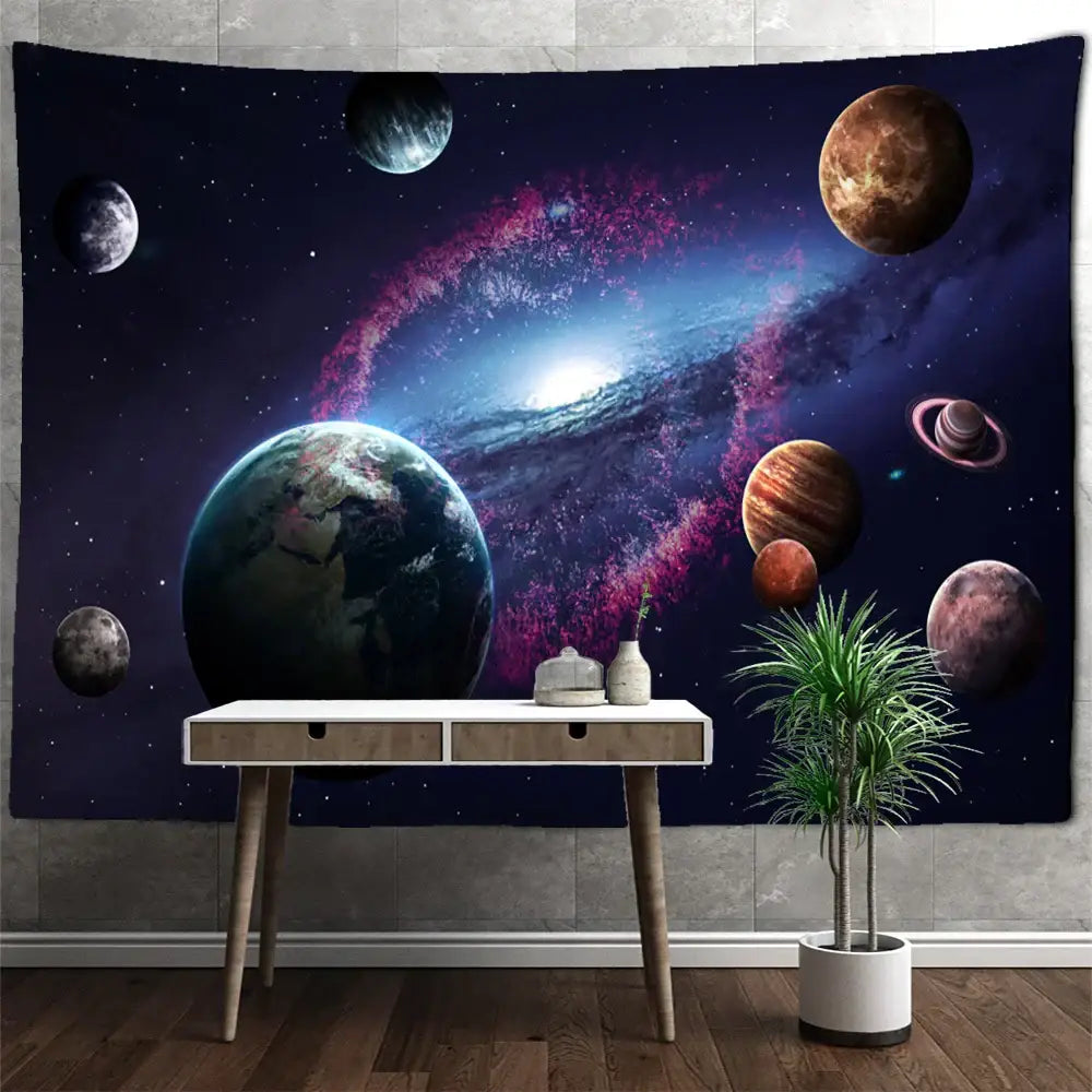 Decorbites astronaut moon tapestry wall hanging featuring vibrant purple blue galaxy and planets for living room decor