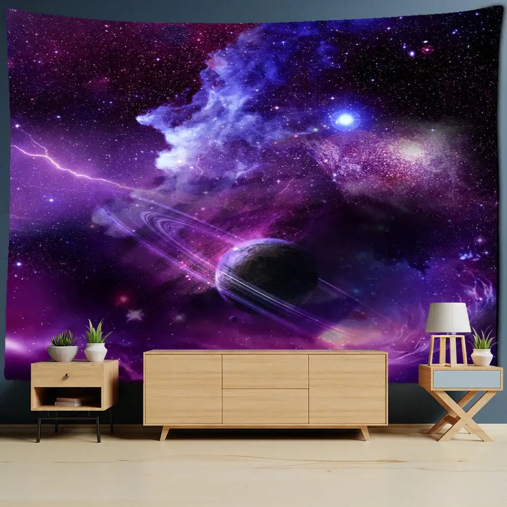 Vibrant purple and blue astronaut moon tapestry wall hanging featuring a detailed planet with rings for living room decor